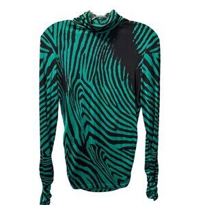 Carlisle Green & Black Zebra Print Silk Turtleneck Long Sleeve Top Size S